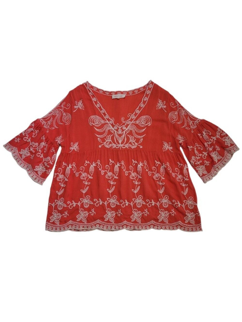 Solitaire Embroidered Boho Peasant Top Coral V-Neck Blouse Babydoll Large